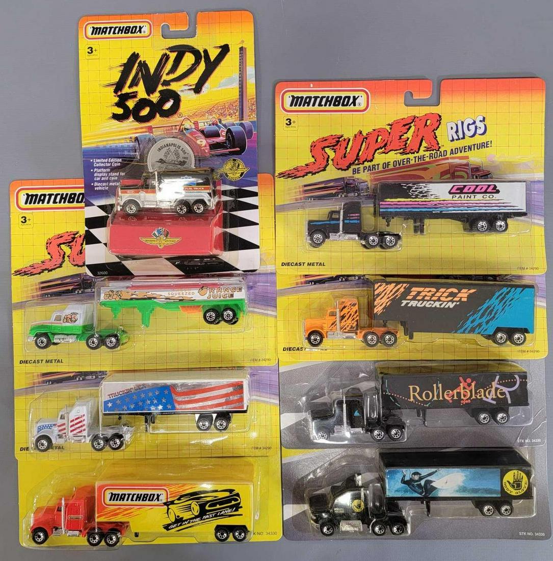 Seven Matchbox Super Rigs plus one Indy 500 Fuel Truck: 7 Matchbox Super Rigs plus 1 Indy 500 Fuel Truck all on very good to near mint cards with clear blisters firmly attached as seen in photos.