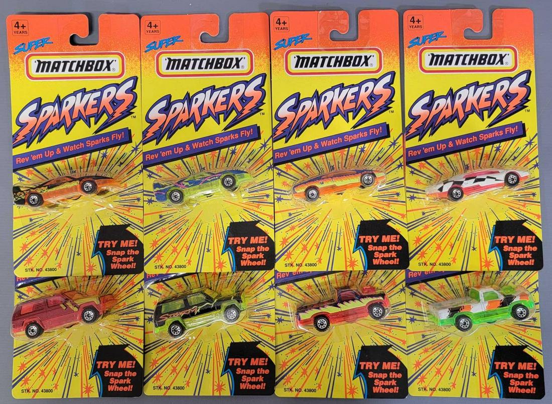 Eight Matchbox die cast Sparkers MOC: Eight Matchbox die cast Sparkers mint on sealed blister cards as seen in photos.