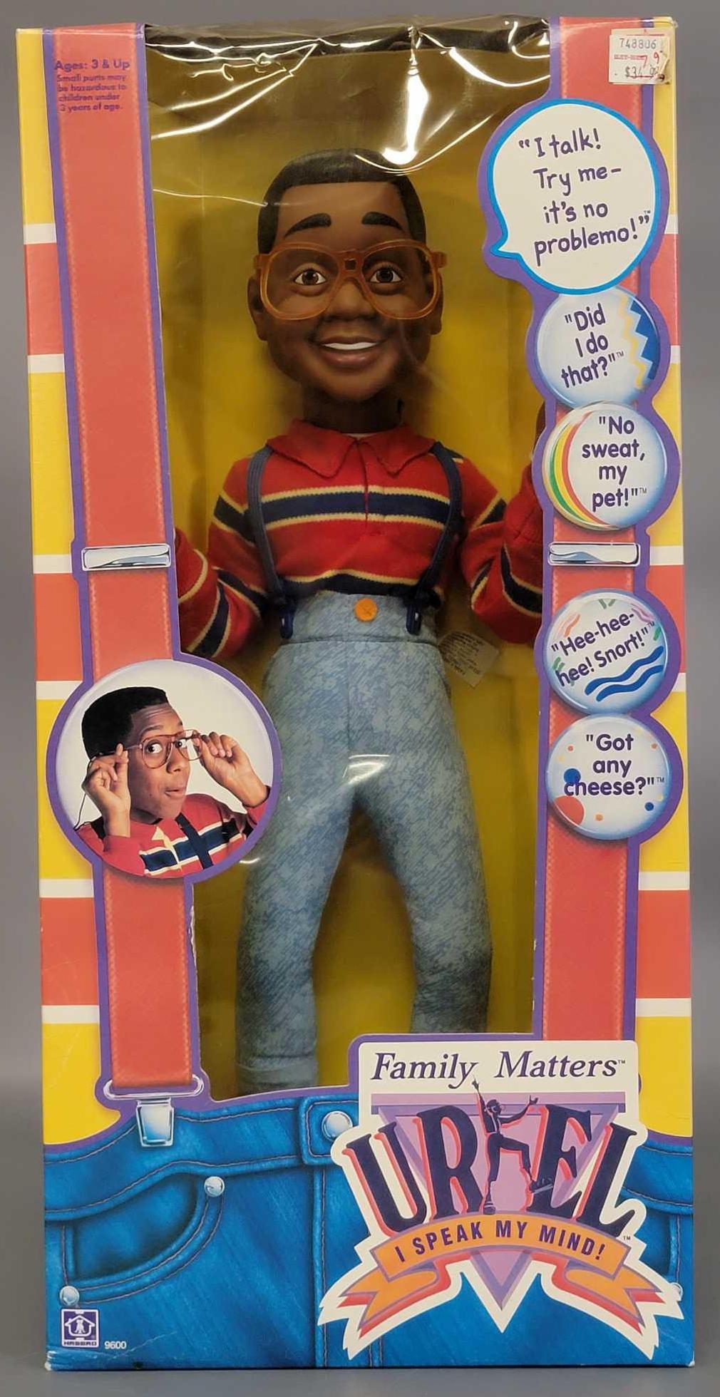Factory sealed 1991 Hasbro Family Matter talking Steve: Factory sealed 1991 Hasbro Family Matter talking Steve Urkel figure in original box, nice shape but has some crinkling to the cellophane window as seen in the photos. Pulled string ten times and he sa