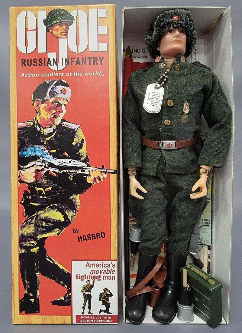 GI Joe SOTW Russian Infantry figure with accessories in: GI Joe SOTW Russian Infantry figure with accessories in reproduction box. The figure has been put together with a talking GI Joe body and a European head on it. The talking mechanism pulls and retract