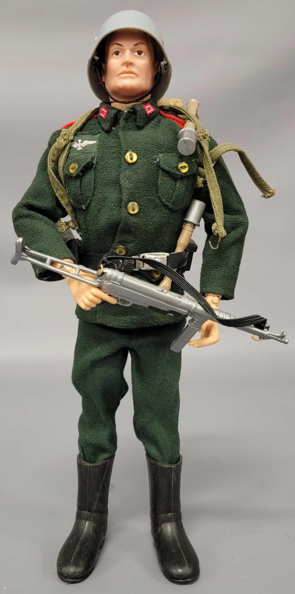 Vintage Hasbro GI Joe SOTW German infantry man action: Vintage Hasbro GI Joe SOTW German infantry man. Nice original figure with some face paint loss but tight joints, nice clothes and nice accessories. The machine gun has a melt mark on one side of the s