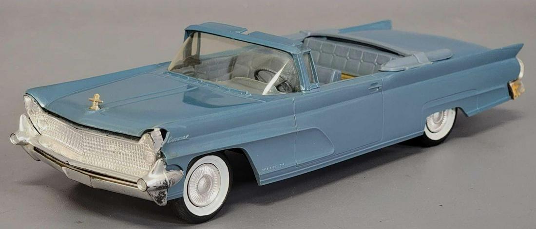 1959 AMT Blue Lincoln Mark IV Convertible friction: 1959 AMT Blue Lincoln Mark IV Convertible friction promo car. Car would be excellent but it has light chrome wear and a small broken and missing piece of the front fender to the rear of the headlight 