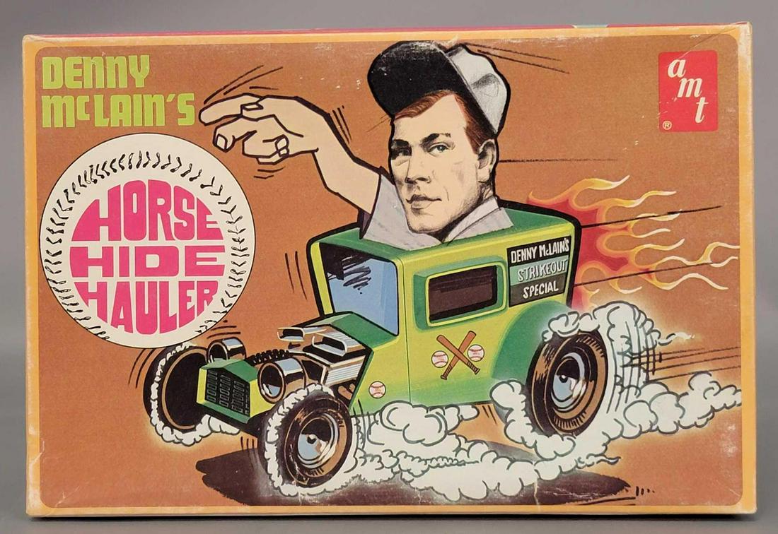 Unbuilt AMT Denny McLain's Horse Hide Hauler 1/25 scale: Unbuilt AMT Denny McLain's Horse Hide Hauler 1/25 scale model kit, stock number T323. Kit has many loose parts from the sprues and has not been inventoried but the parts are very clean with no wor
