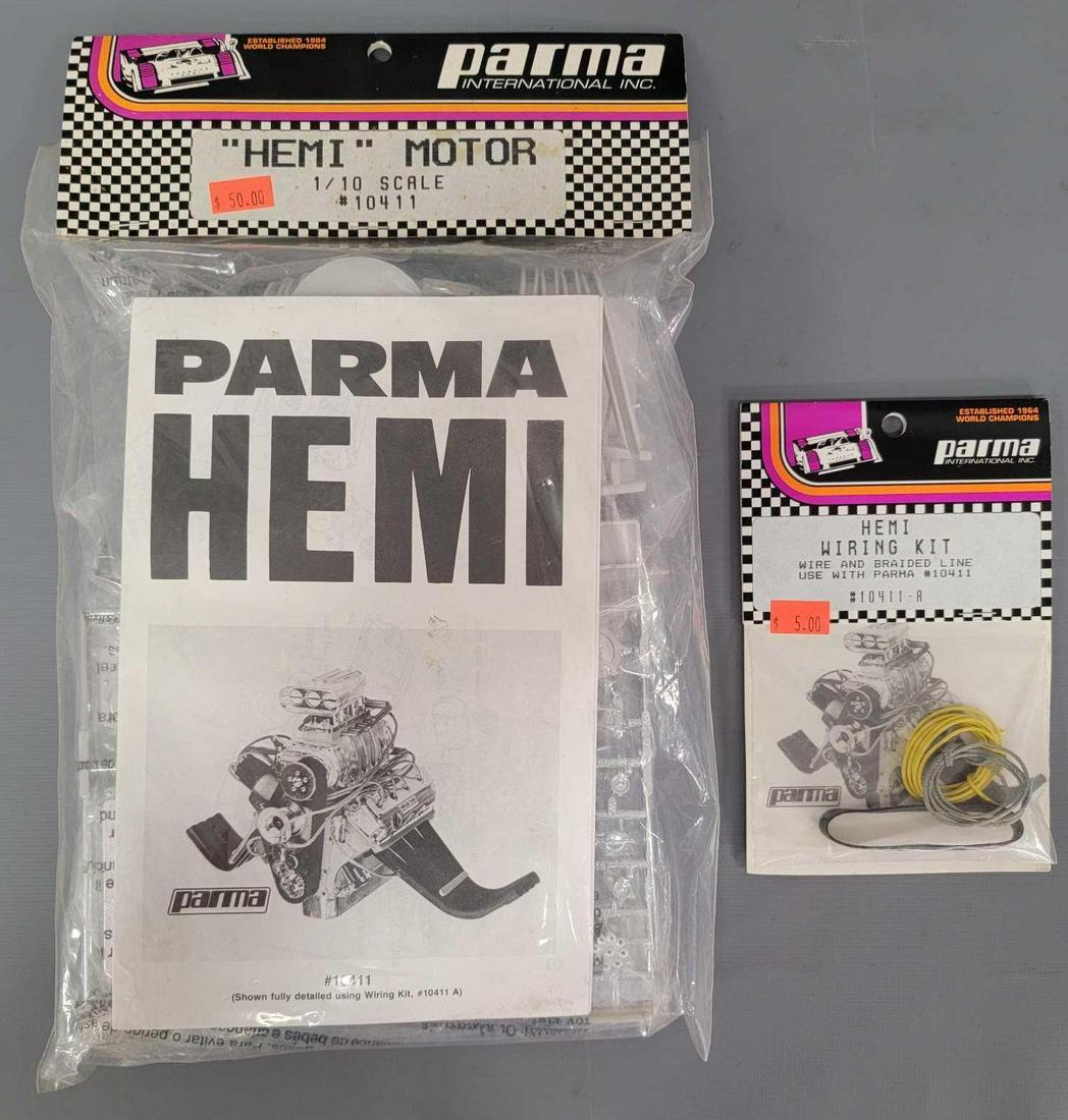 Parma Hemi Motor 1/10 scale and Hemi wiring kit: Parma Hemi Motor 1/10 scale and Hemi wiring kit. Both kits are factory sealed with no issues to the baggies as seen in the photos.