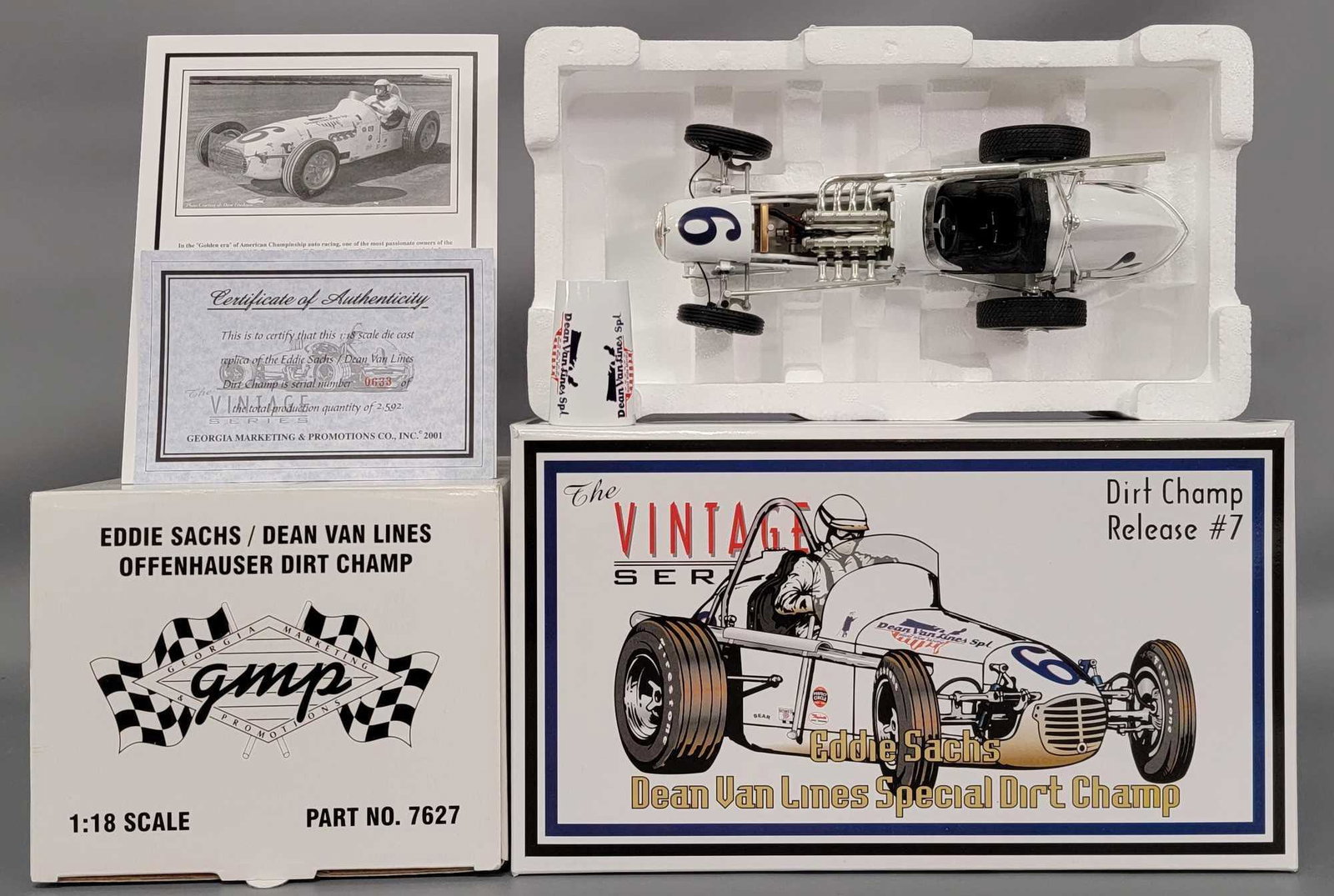 GMP 1/18 Scale Midget Release #7 Vintage Series Eddie: GMP 1/18 Scale Midget Release #7 Vintage Series Eddie Sachs Dean Van Lines 7627. Car is mint, never out of the box except for pictures, both inner and outside box are excellent as well.