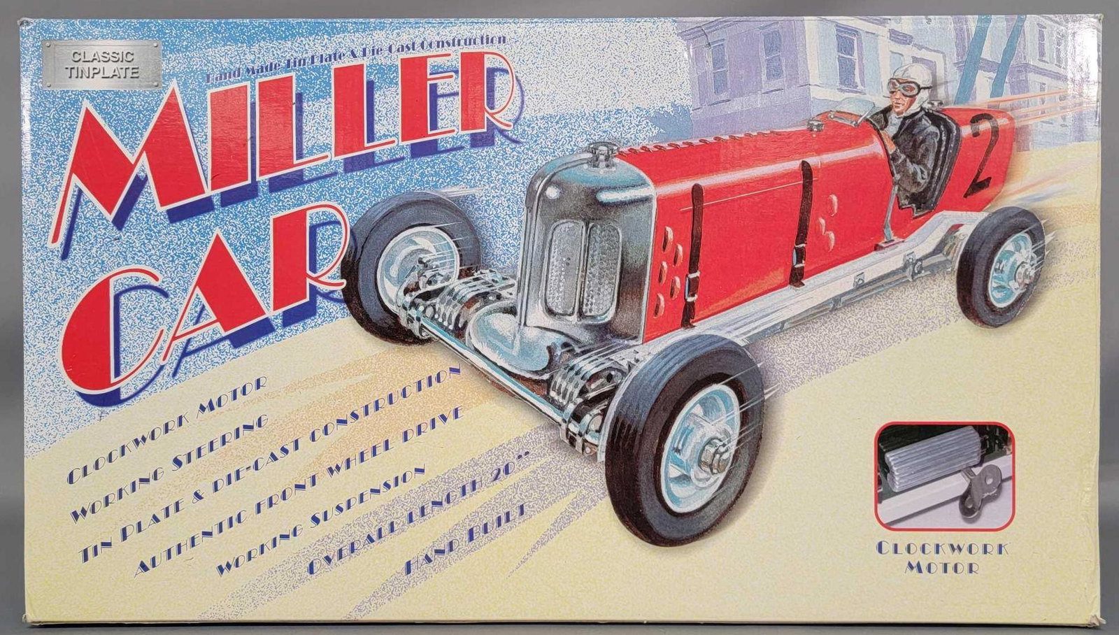 Gilbow 1/8 Scale Miller Classic Hand Built Tinplate: Gilbow 1/8 scale Miller Classic Hand Built Tinplate Miller Car with Clockwork motor. Car is near mint but is missing the wind key. Box and packing are very good.