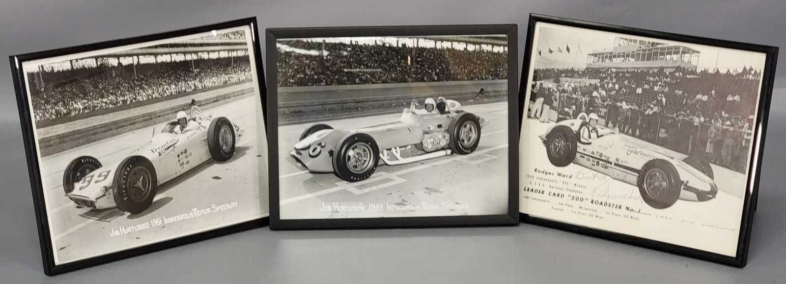 Group of three 8" x 10" Black and white photos of: Group of three 8" x 10" Black and white photos of Indianapolis 500 race cars. Group includes 2 official photos, 1 each 1961 and 1963 of Jim Hurtubise , the other looks like a lobby card with R