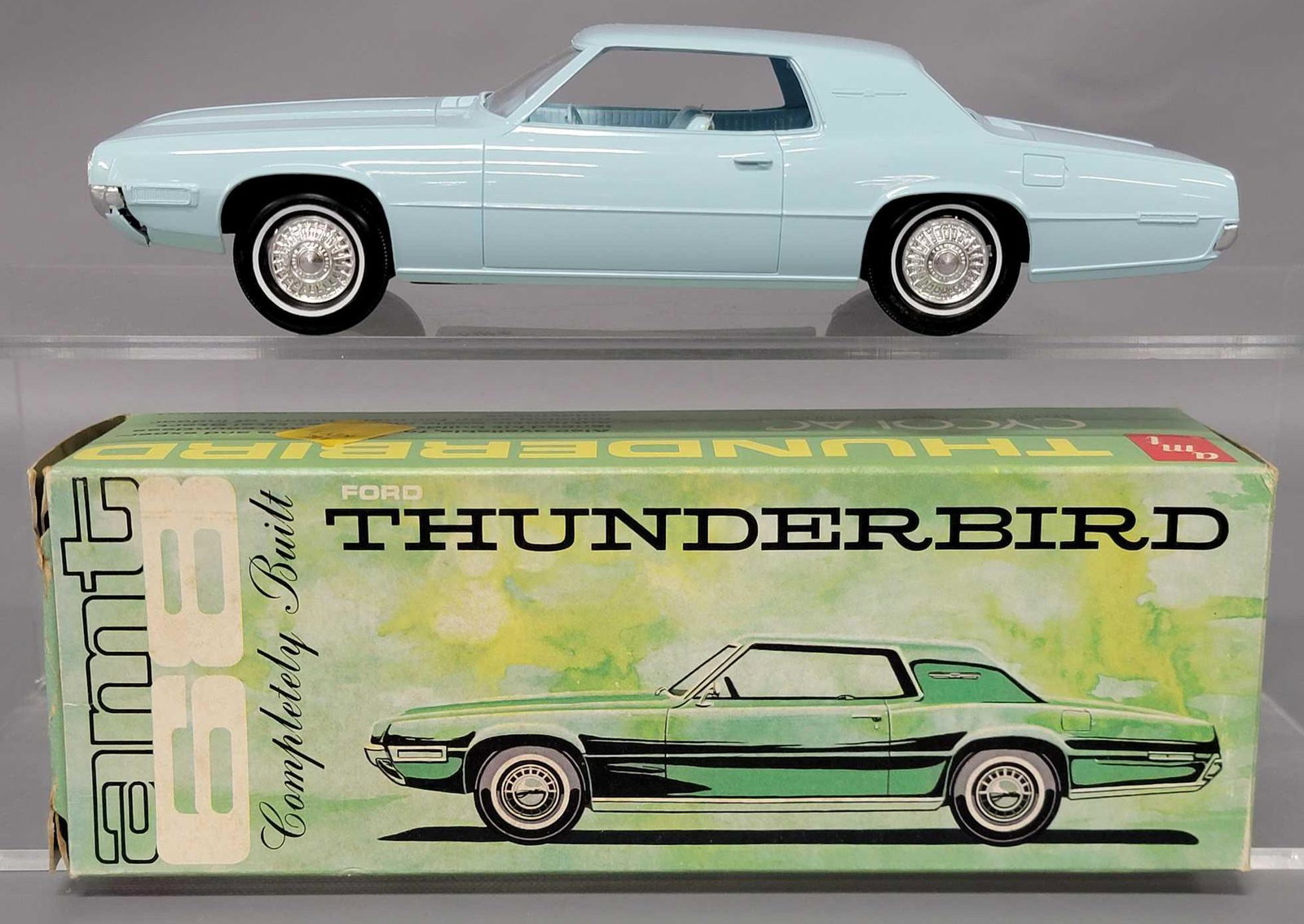 AMT 1968 Ford Thunderbird Hardtop in Sky Blue with: AMT 1968 Ford Thunderbird Hardtop in Sky Blue with original box. Car is in excellent condition with some discoloration to the back of the driver seat. Box is excellent with normal shelf wear.