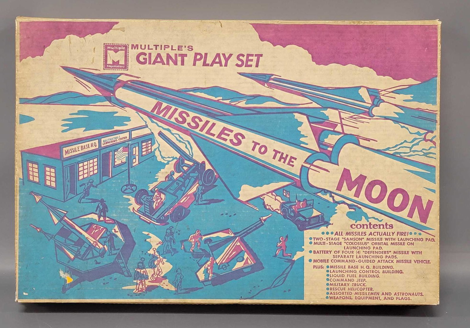 Multiple's Giant Play Set No. 3004 Missiles to the Moon: Multiple's Giant Play Set No. 3004 Missiles to the Moon in original box, complete with original instructions sheet. Set appears to have been played with, overall an excellent set. Box has very lig