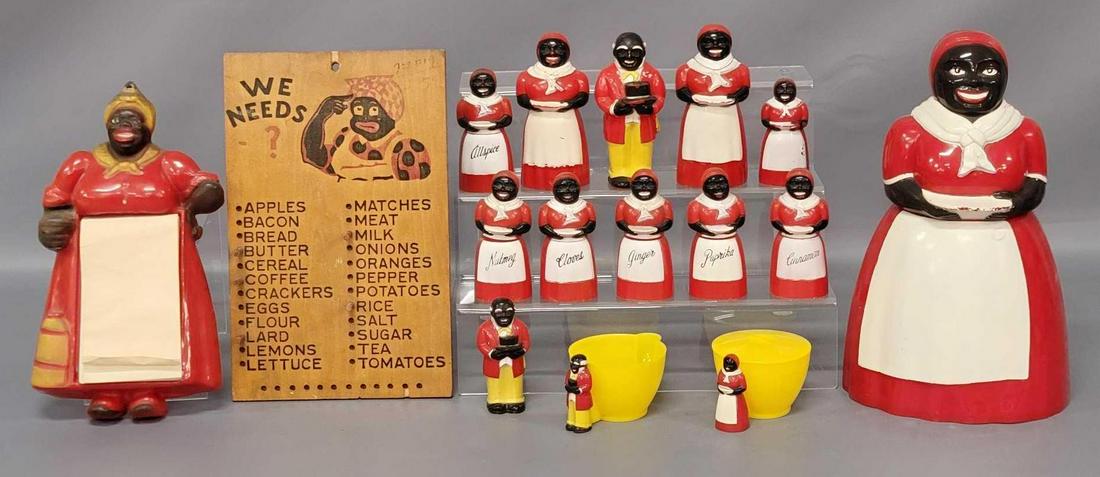 Large group of F F Plastic Aunt Jemima kitchen: Large group of F F Plastic Aunt Jemima Maid and Butler kitchen container set items and more. Condition of the plastic items is very good to excellent. All six spice containers have the plastic shaker 