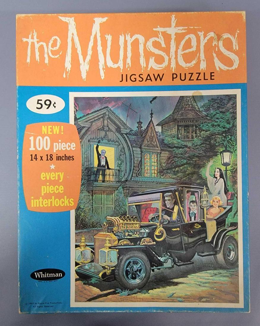 Whitman the Munster jigsaw puzzle in original box, no: Whitman the Munster jigsaw puzzle in original box, no missing pieces, puzzle was assembled for accuracy. Box bottom has missing/torn tape at corners. Box is slightly concave and some tape removal.