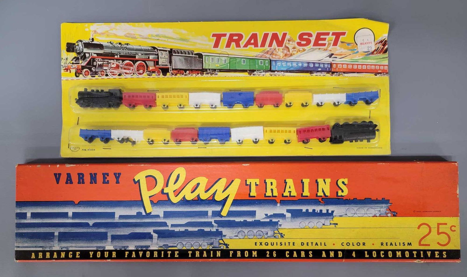 Varney Playtrains cardstock locomotives and cars set in: Varney Playtrains cardstock train set with locomotives and cars in original box. Set is unpunched. Grace Toys carded plastic train set.
