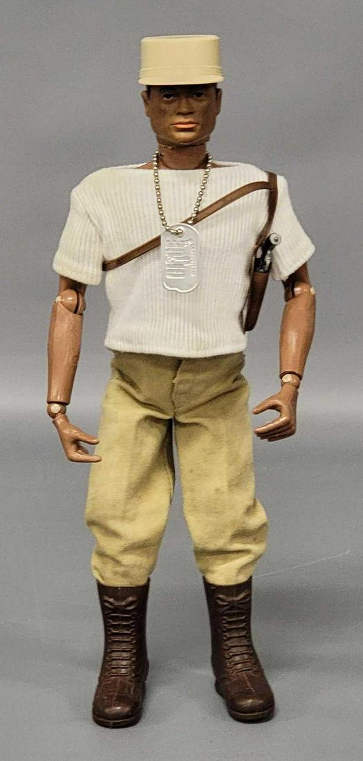 Vintage Hasbro Action Soldier GI Joe Black African R: Vintage Hasbro Action Soldier GI Joe Black African American with R torso with patent number, soft head, cracks at joints, and missing tips of his left two biggest toes. Face has tiny rub to bottom of