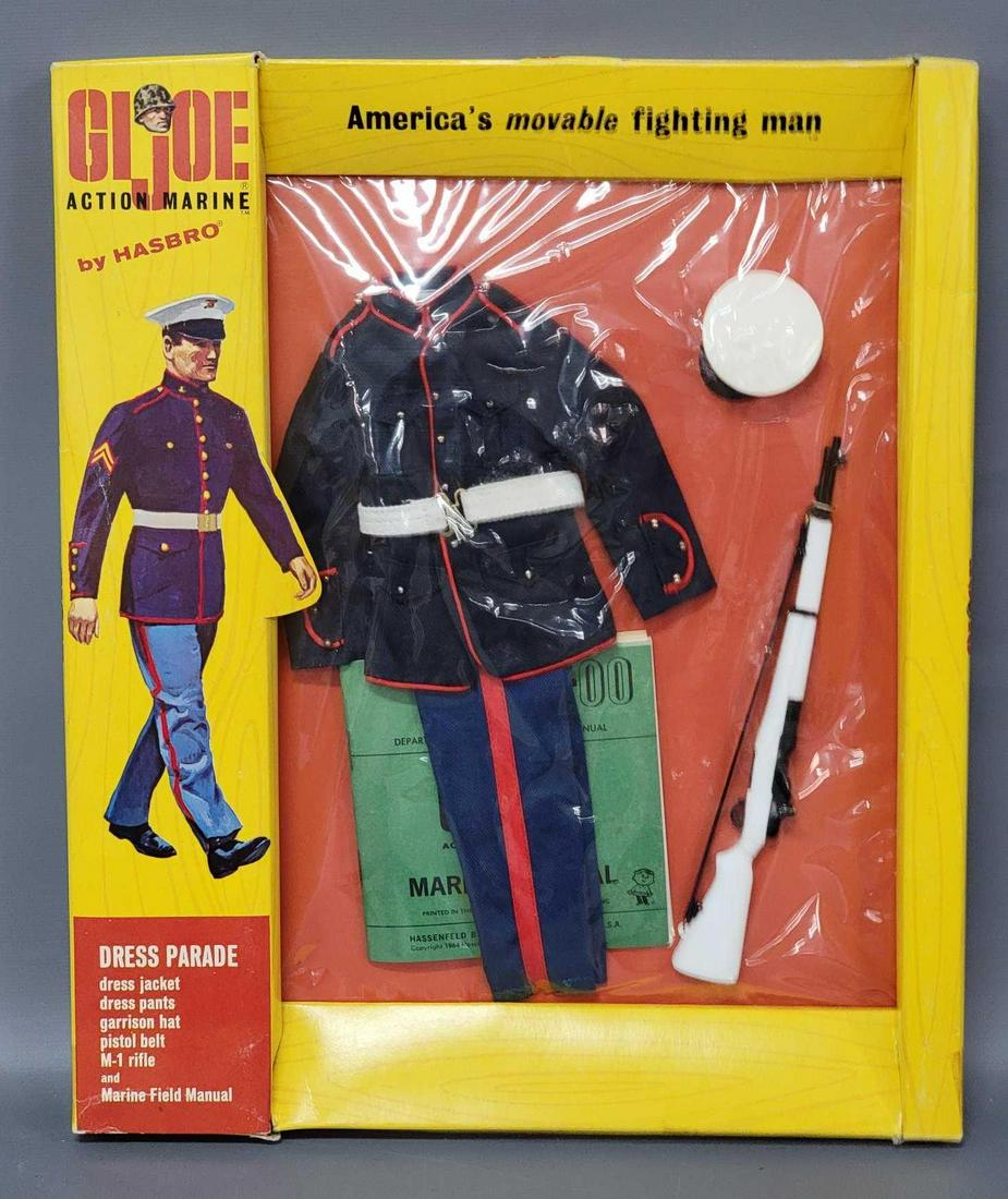 Vintage Hasbro Action Marine GI Joe Dress Parade: Vintage Hasbro Action Marine GI Joe Dress Parade equipment on window box 7710. Box has tight tears at corners of windows and a little warping on back, but box is still very square and solid. Box is al