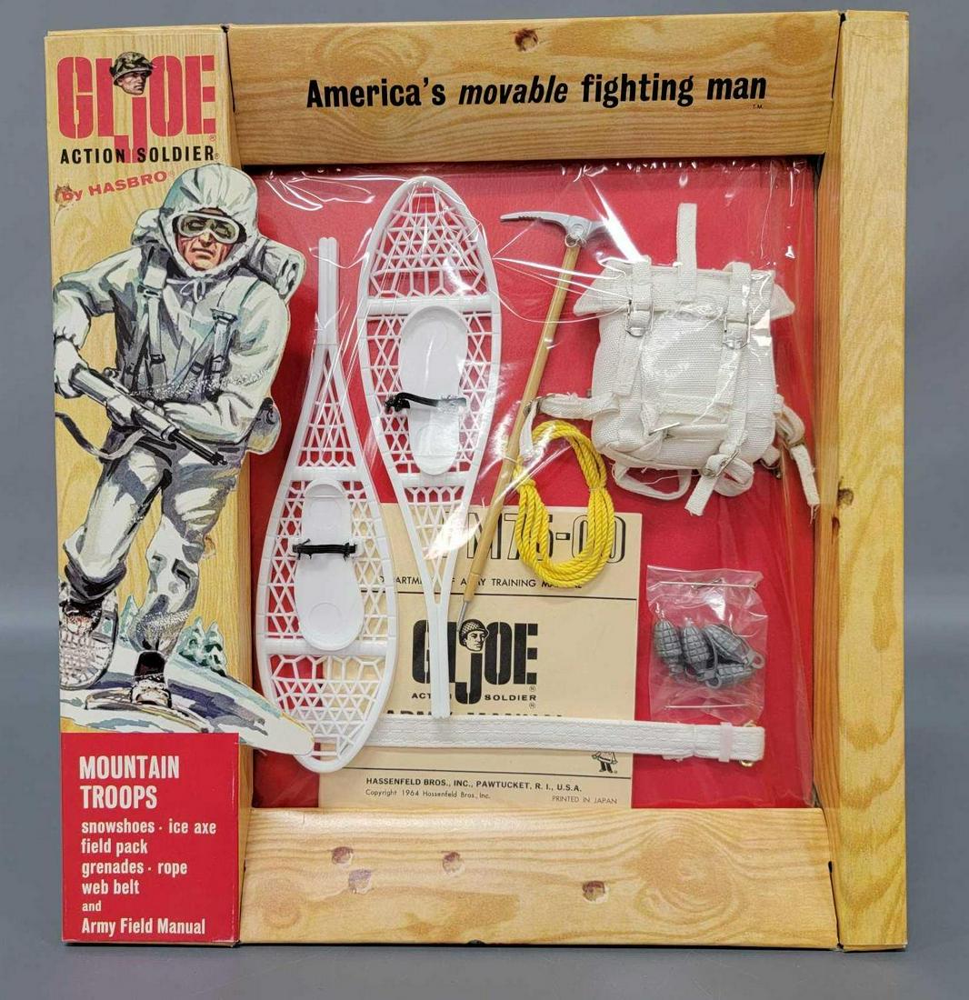 Vintage Hasbro Action Soldier GI Joe Mountain Troops on: Vintage Hasbro Action Soldier GI Joe Mountain Troops equipment on window box 7530. Cellophane is untorn. Package looks like new. Box is marked Japan.