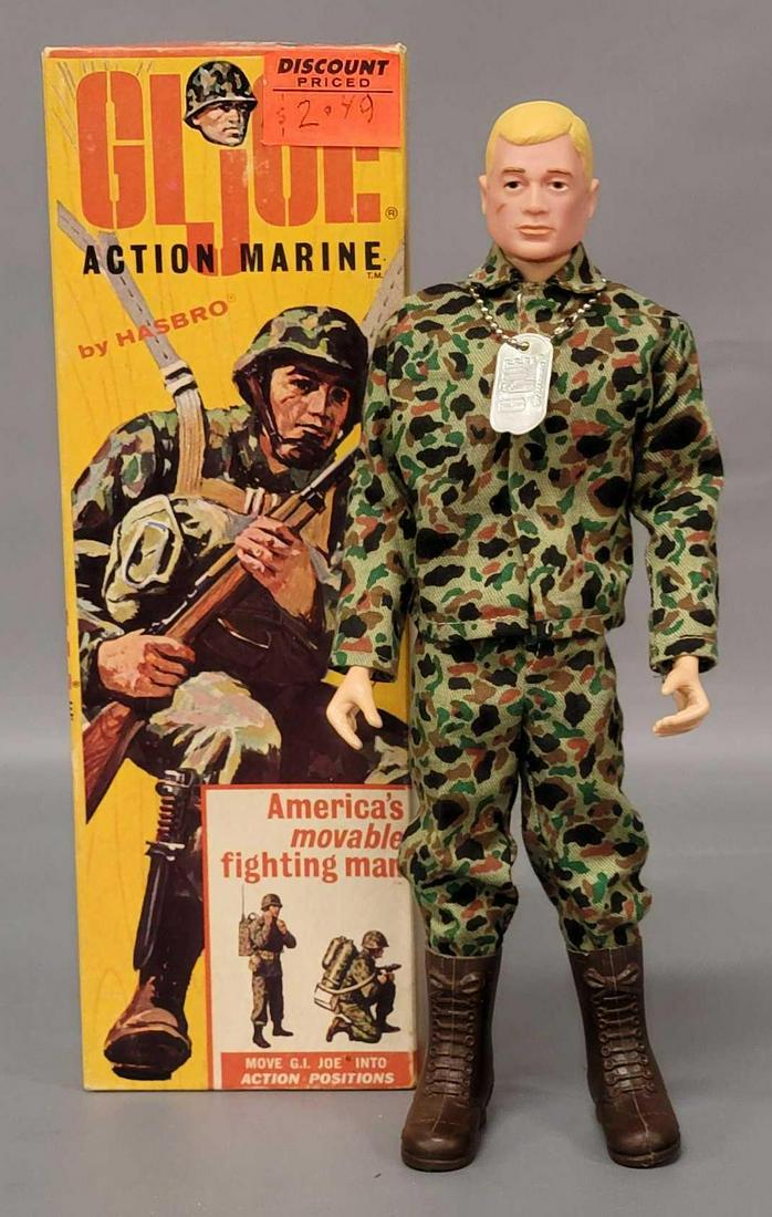Vintage Hasbro 7700 GI Joe Action Marine in original: Vintage Hasbro 7700 GI Joe Action Marine in original box with Join the Club sheet, boot removal instructions sheet, and manuals. TM Japan shirt and pants, brown lace up boots. Head has some wear to ey