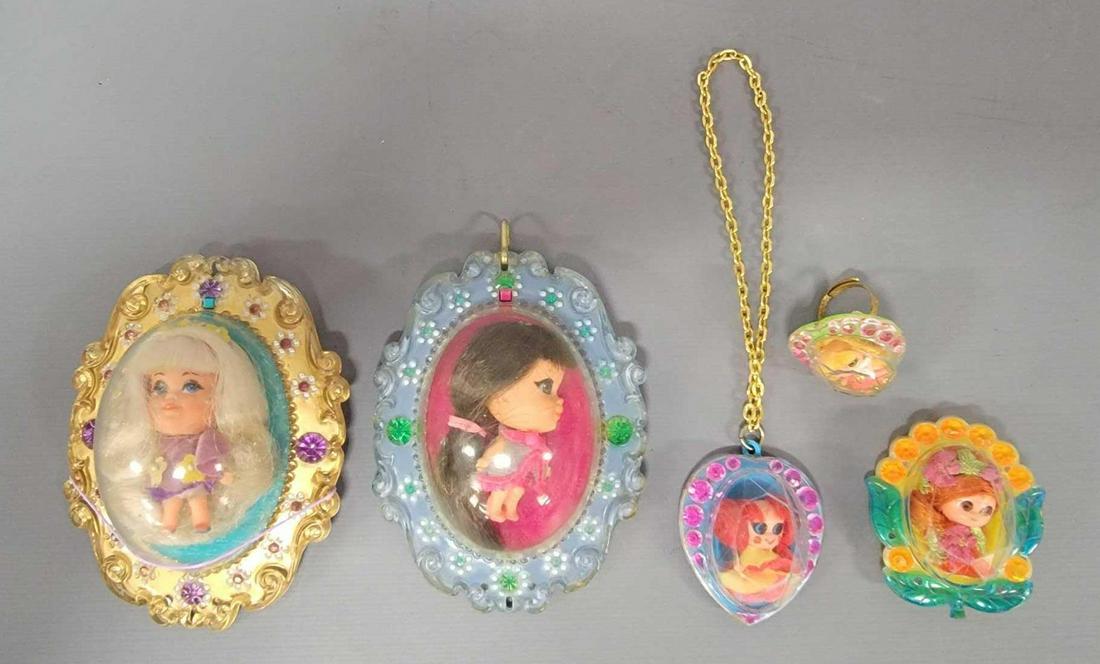 Vintage Mattel Liddle Kiddles 3540 and 3722 Lucky: Vintage Mattel Liddle Kiddles 3540 Lilac Locket and 3722 Loretta Locket Lucky Lockets. 3741 Flower Pin, 3744 Heart Ring, 3759 Heart Necklace Jewelry Kiddles.