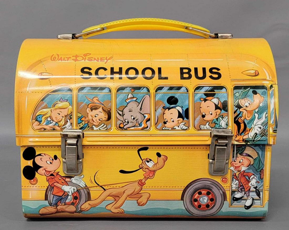 Aladdin Walt Disney School Bus clean and shiny box: Aladdin Walt Disney School Bus clean and shiny box. No bottle, tiny ding next to carry handle. Box has very light wear to paint in normal areas.