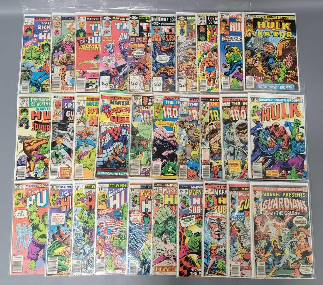 Thirty Marvel comics with Hulk Guardians of the Galaxy: Thirty Marvel comics with Hulk Guardians of the Galaxy and others to include Marvel Presents 7 and 8; Marvel Super Heroes 45, 46, 56 and 69; Incredible Hulk 227, 237, 263, 264 and 269; Iron Man 74, 94