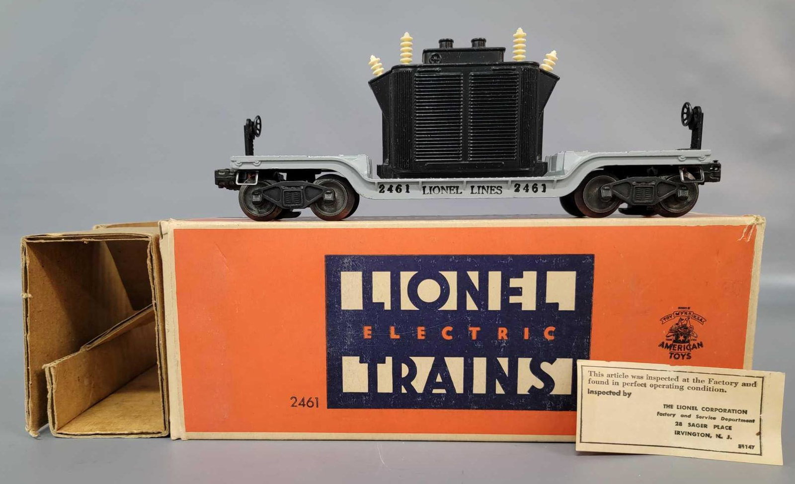 Postwar Lionel O gauge 2461 transformer car in original: Postwar Lionel O gauge 2461 transformer car in original box with insert and inspection slip, unrun C9. Box shows a little very light wear, super square and solid with clean and bright graphics. Great 