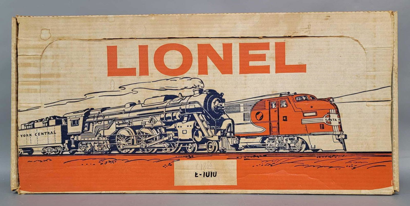 Boxed Lionel postwar O 19212 steam freight set in: Boxed Lionel postwar O 19212 Steam Freight set, to include 242 Steam Freight locomotive, a tender, grey flatcar with mint original brown car, 3410 flatcar with yellow helicopter, 6014 Frisco boxcar an