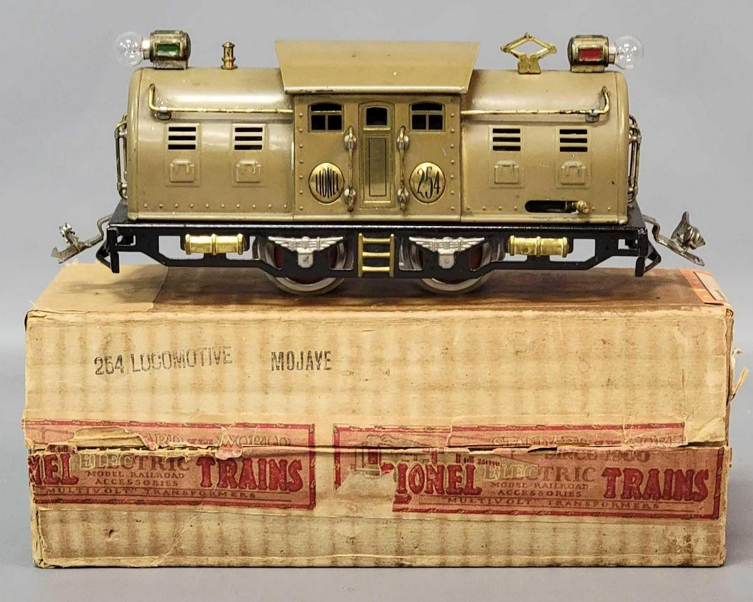 Prewar Lionel O gauge 254 Mojave locomotive in original: Prewar Lionel O gauge 254 Mojave electric locomotive in original box, stronger paint than most, C6. Loco has been rewheeled with Bowser wheels. Box is super square and solid with inner flaps.