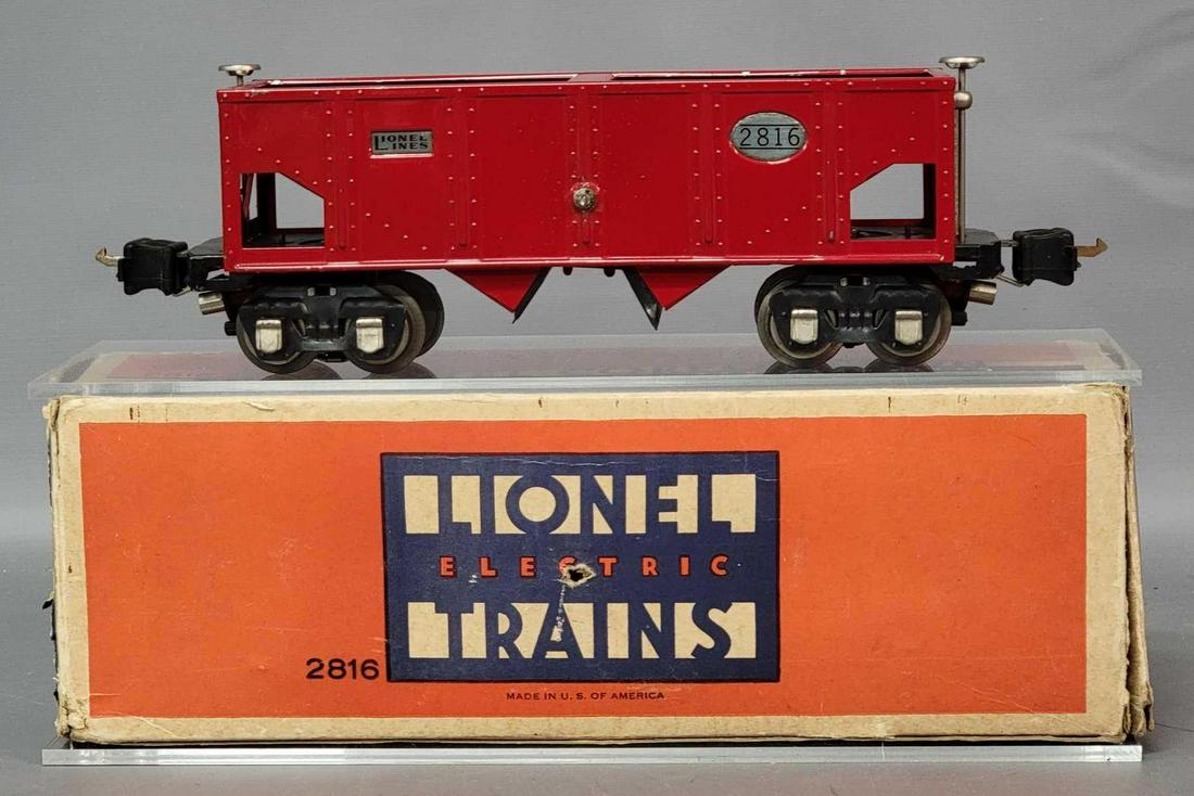 Prewar Lionel O gauge 2816 coal car in original box: Prewar Lionel O gauge 2816 coal car in original box, clean and shiny super strong C7. Box has wear and tear to flaps, missing inner flaps, coupler poke to an end flap, solid box.