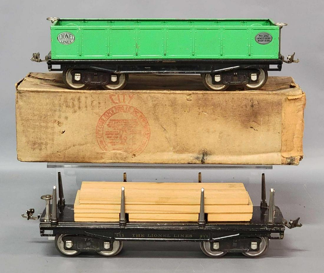 Prewar Lionel Standar Gauge 211 flat car black with: Prewar Lionel Standar Gauge 211 flat car black with lumber in orignal box (missing a brake wheel) and 212 gondola green, nice C6. Both trains are in all nickel. 211 box has light wear, still a very so