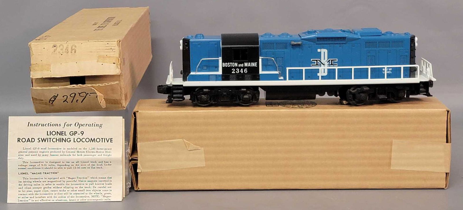 Postwar Lionel O gauge 2346 Boston and Maine GP-7: Postwar Lionel O gauge 2346 Boston and Maine GP-7 diesel locomotive in original box with shipper, instructions sheet, and warranty card, super clean incredible C8. Boxes are pretty close to perfect.