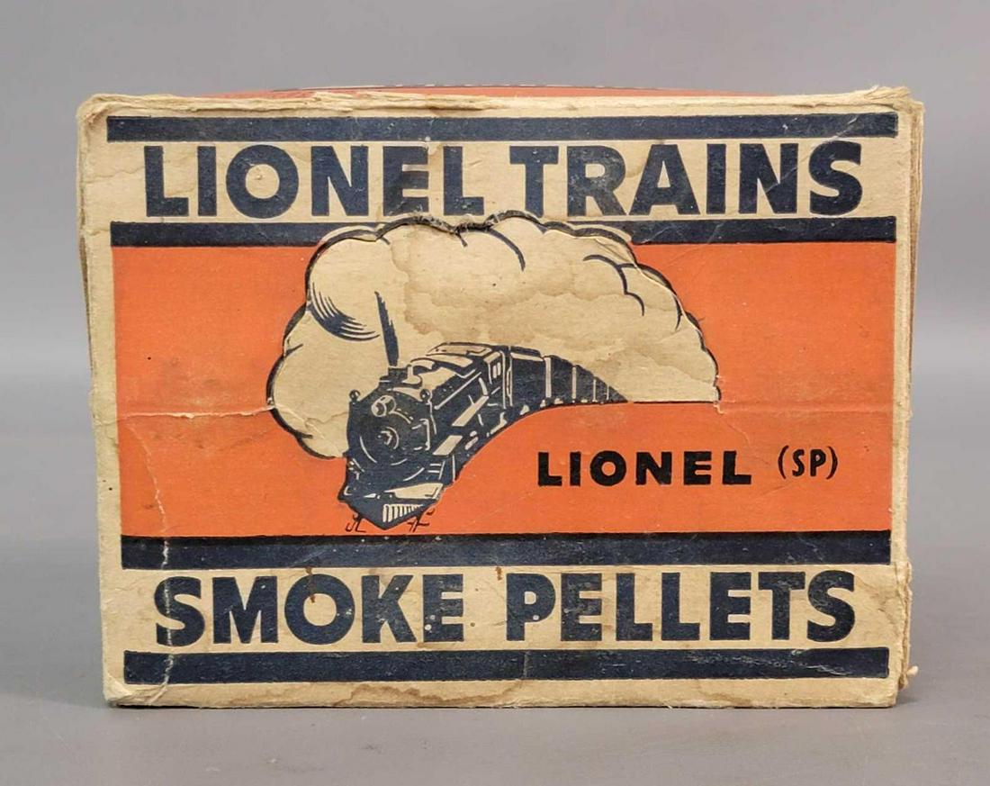 Lionel counter top dealer display smoke pellets bottles: Lionel counter top dealer display smoke pellets bottles and flip top box with repairs to lid. Box is clean and pretty solid. Bottles have label and lid variations. Bottles all have whole pellets.