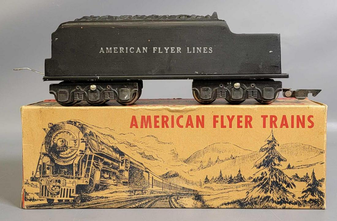 Prewar American Flyer Narrow Gauge 433A tender in: Prewar American Flyer Narrow Gauge 433A die-cast twelve wheel tender with white rubber stamp lettering, C6. Very clean and strong paint. Box is square and solid with little wear.