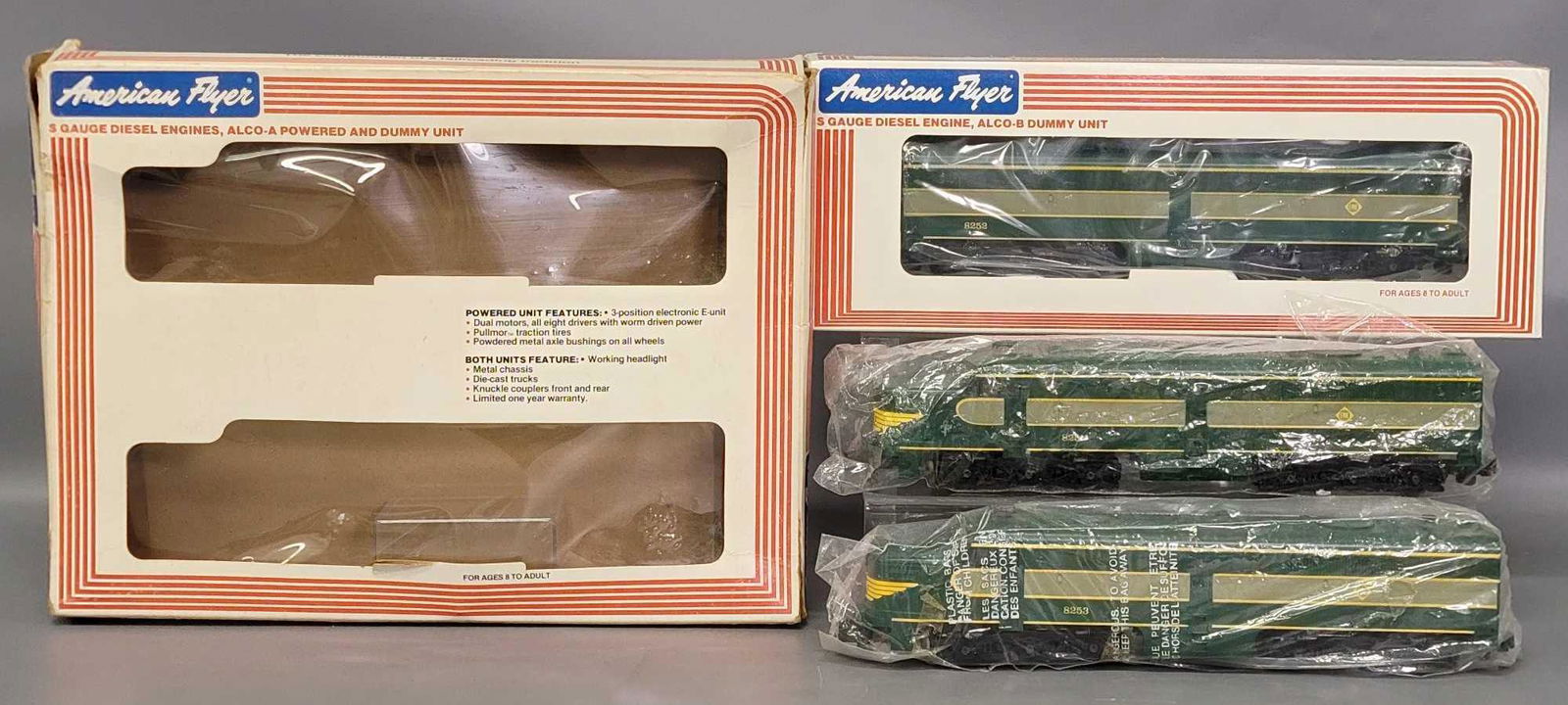 Modern era American Flyer S gauge 8251 and 8252 Erie: Modern era American Flyer S gauge 8251 Erie Alco PA diesel units and 8252 Erie Alco PB diesel unit, in original boxes. A units are C8, lightly run. B unit is unrun C10. A unit box is missing styrofoam