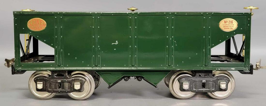 Lionel prewar standard gauge 216 hopper dark green: Lionel prewar standard gauge 216 hopper dark green, super clean and shiny appears to have little to no run time, C7 due to a scratch on each side, otherwise would be considerably higher.