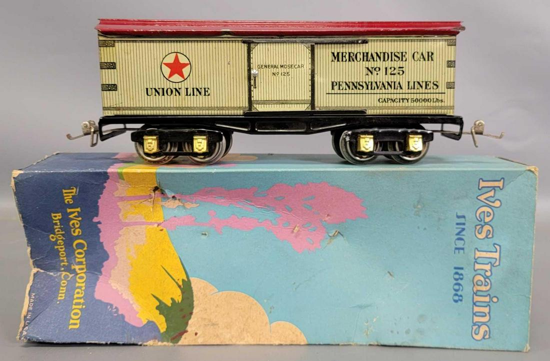 Prewar Ives O gauge 125 Pennsylvania Merchandise car in: Prewar Ives O gauge No. 125 Union Line Pennsylvania Merchandise car in original box, dinged corner of roof. Train has super strong graphics, C6+. Box has missing end flap, three detached inner fla