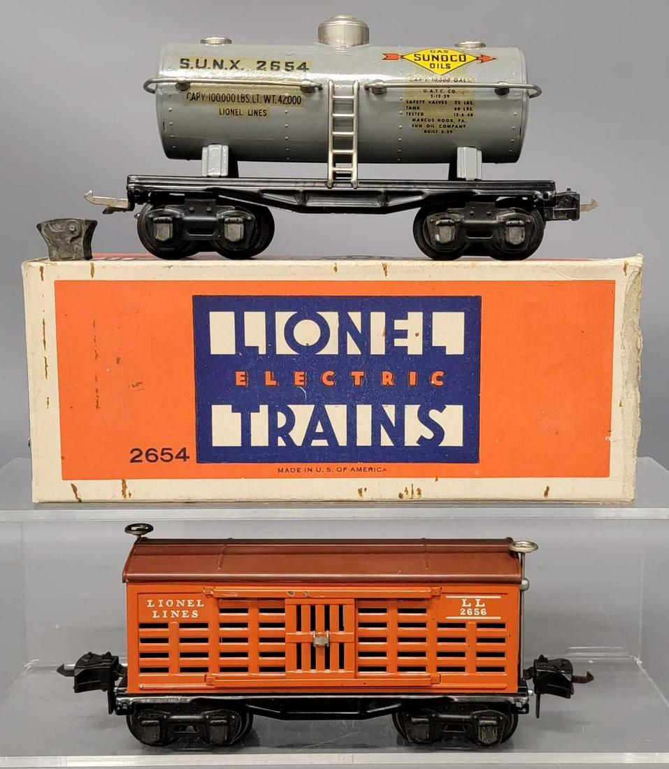 Lionel prewar O gauge 2654 tank car and 2656 stock car (1 of 8)