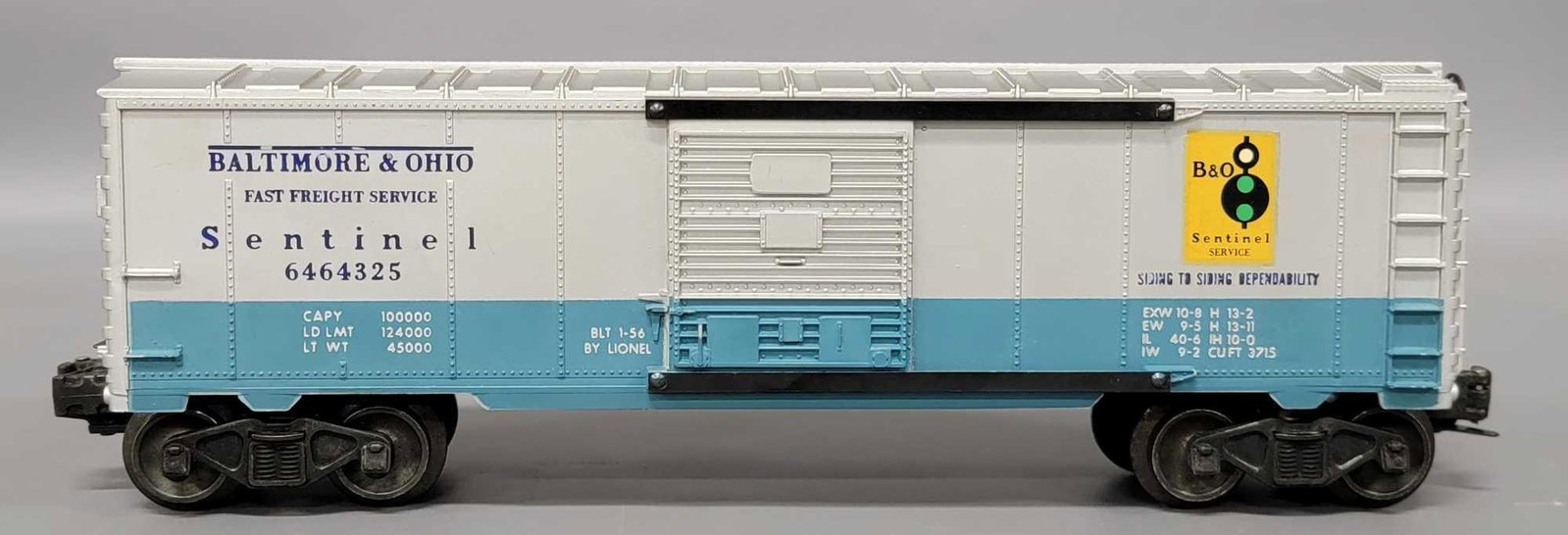 Unrun Lionel postwar O 6464-325 B&O Sentinel box car: Unrun Lionel postwar O 6464-325 type IIb B&O Sentinel box car with even dull silver, a variation that some people ignore but this car looks fantastic and is C8+.