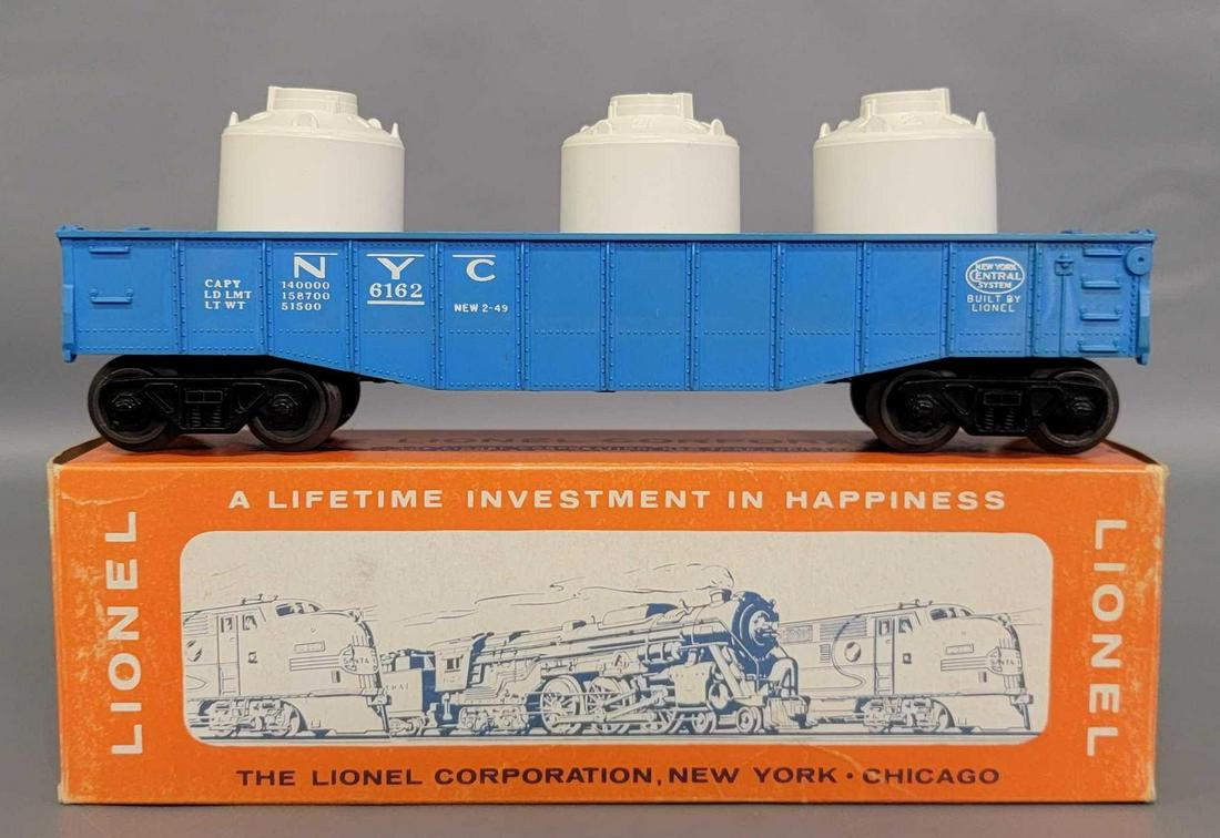 Unrun Lionel postwar O 6162-110 gondola with canisters: Unrun Lionel postwar O 6162-110 gondola with canisters in original box. Car is unrun and C7+ with three unmarked white canisters in an excellent original box.