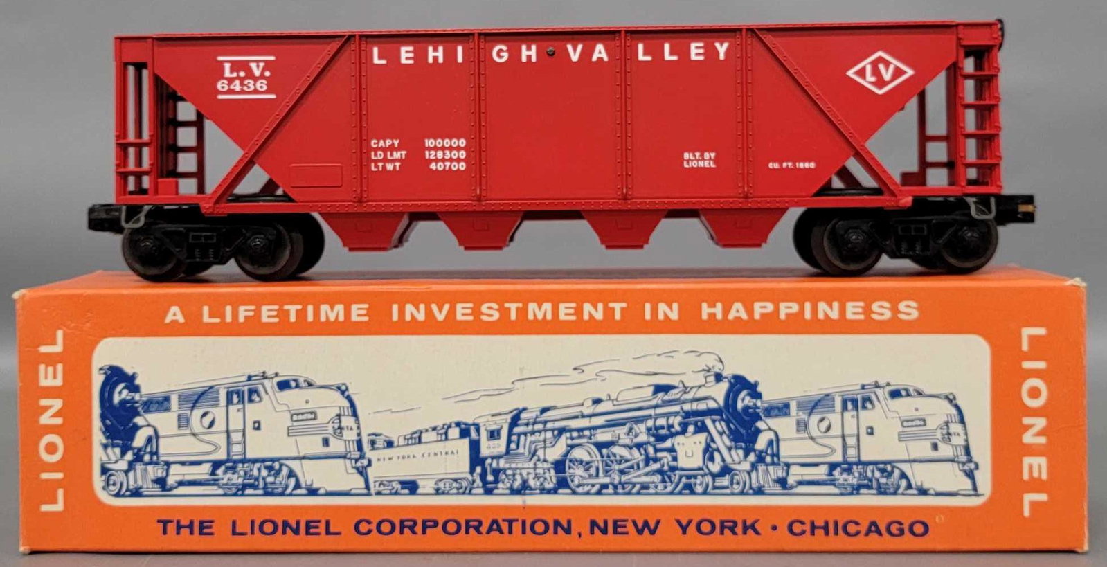 Unrun Lionel postwar O 6436-110 Lehigh Valley hopper in: Unrun Lionel postwar O 6436-110 Lehigh Valley hopper in original box, C8+ due to minor box rubs with an excellent original box. No built date variation.