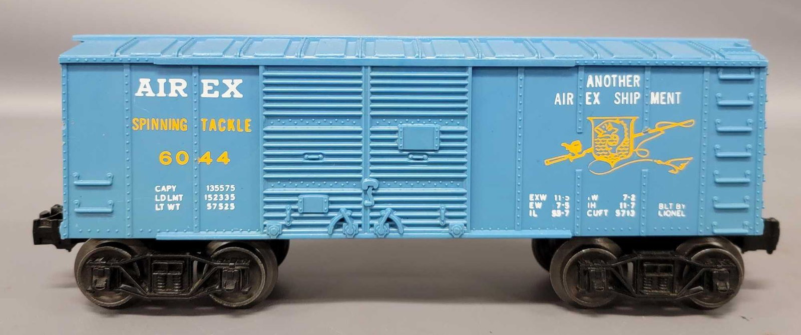 Lionel postwar O teal blue 6044 Airex box car with: Lionel postwar O teal blue 6044 Airex box car with thick lettering, shows light run time and is C8.