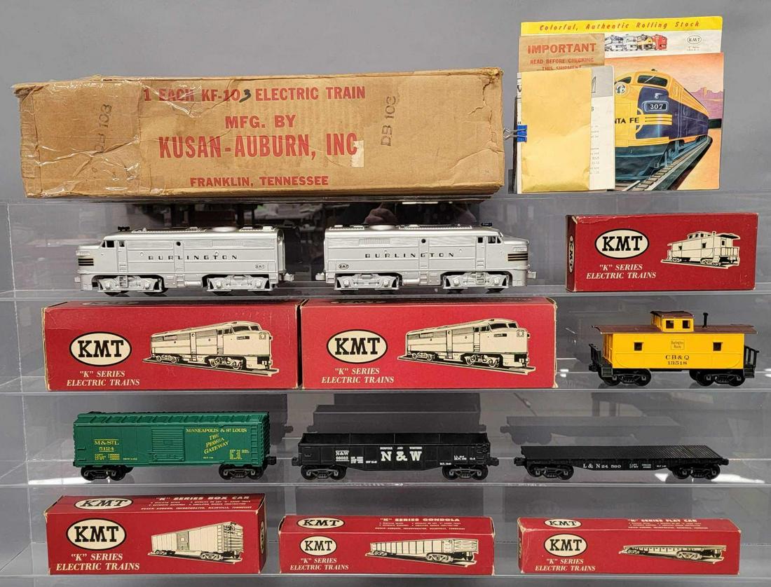 Boxed Kusan O gauge KF-103 Burlington diesel freight: Boxed Kusan O gauge KF-103 Burlington diesel freight set.. Set consists of Burlington Alco FA AA units, Minneapolis & St. Louis box car, Norfolk & Western gondola, Louisville & Nashville f