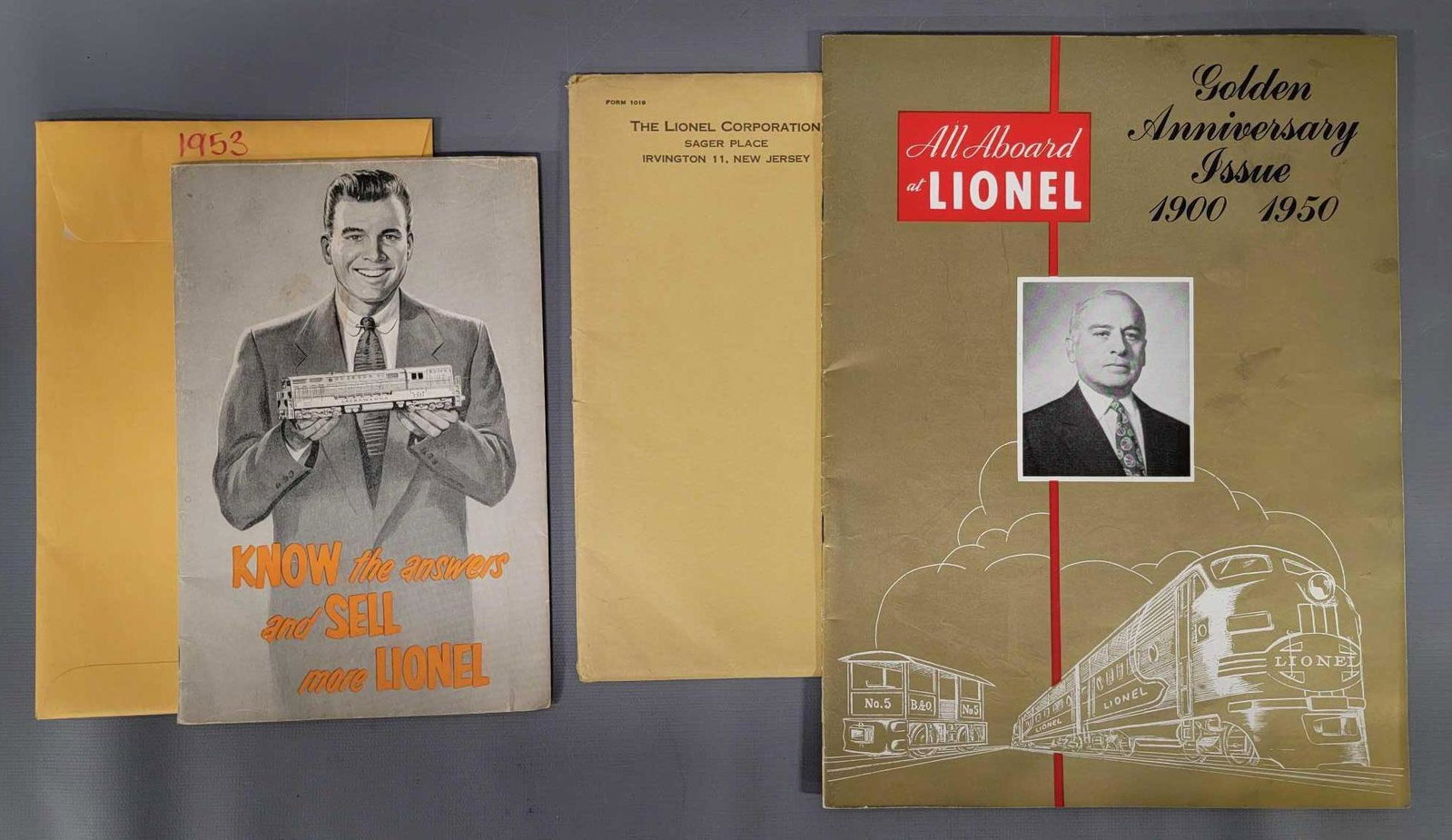 All Aboard at Lionel 1950 issue plus 1953 How To Sell: All Aboard at Lionel Golden Anniversary 1950 issue in excellent and in the original shipping envelope to plus 1953 How To Sell Lionel dealer booklet, 32 pages of teaching a guy how to sell trains, ver