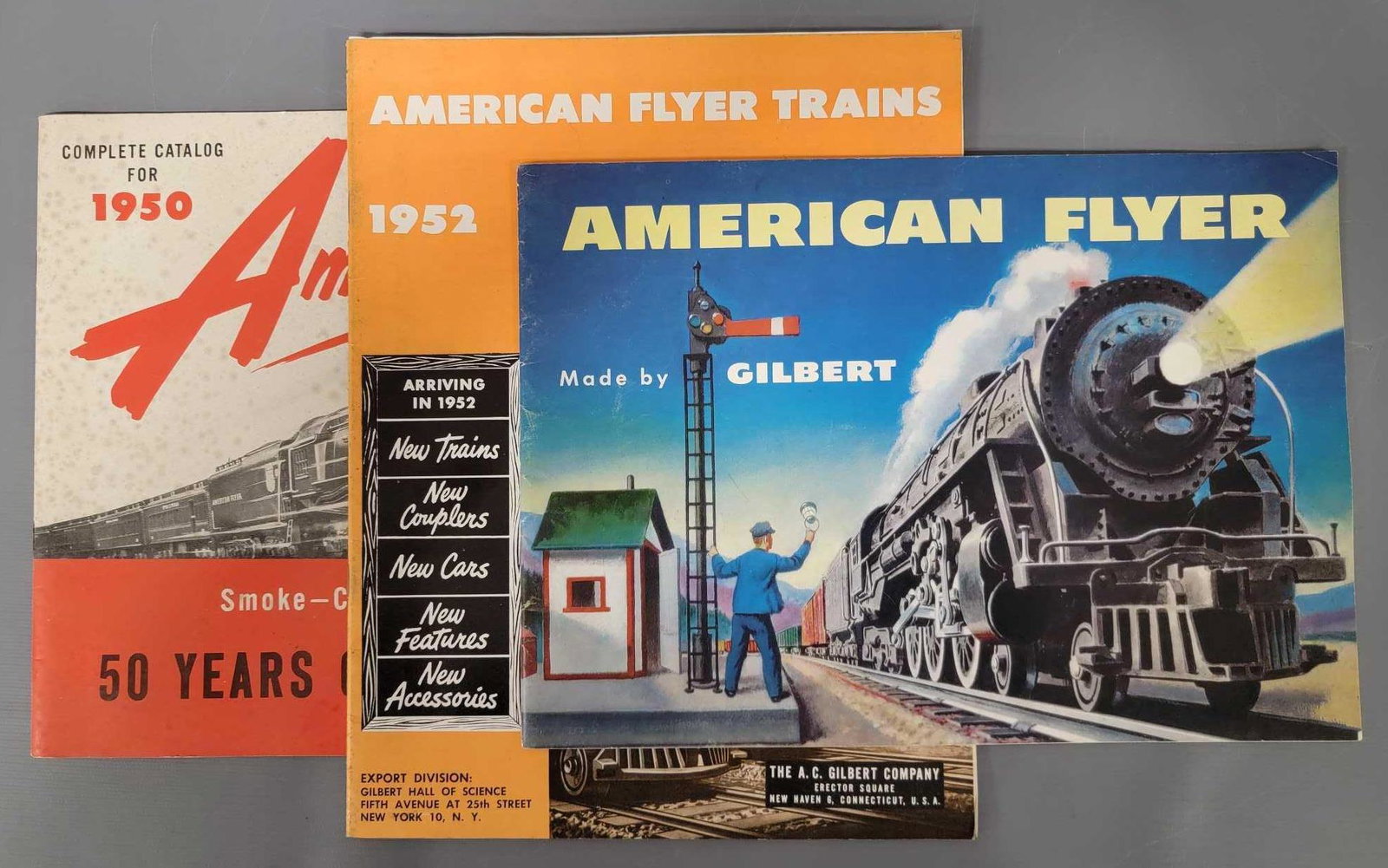 Three Gilbert American Flyer Dealer Advance catalogs: Three Gilbert American Flyer Dealer Advance catalogs to include 1950, 1952 and 1955. All three are nice but the 1950 has age spots on the cover.