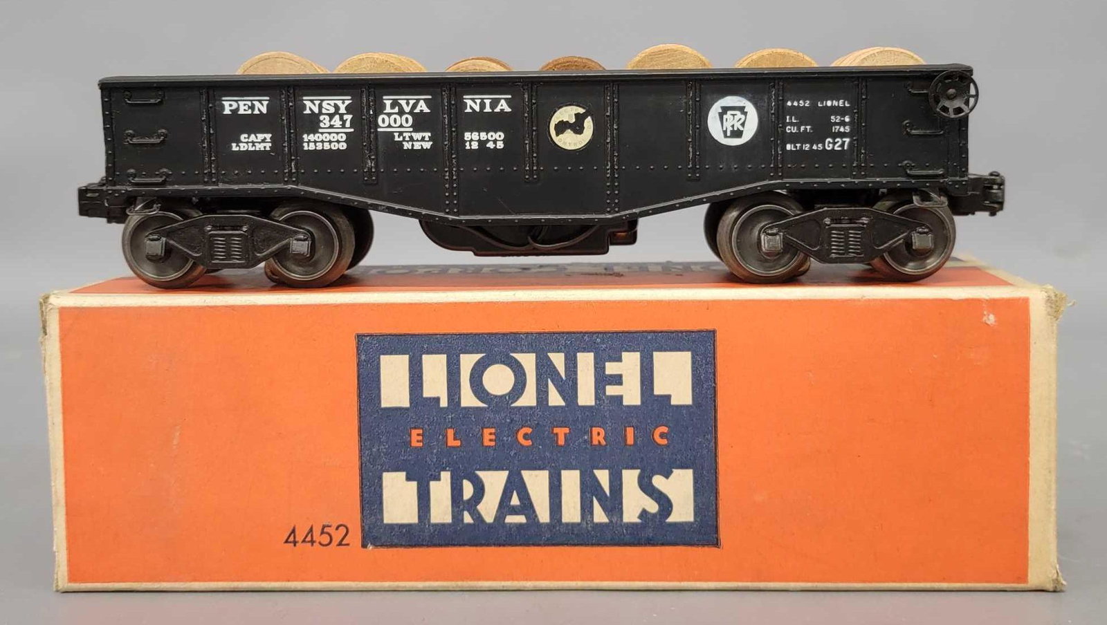 Lionel postwar O 4452 electronic gondola in original: Lionel postwar O 4452 electronic gondola in original box. Car shows heavy run time and is C6+ with slightly flaked decals on both sides and a very good original box and original insert that has so