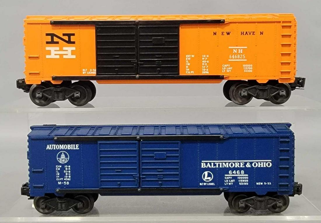 Lionel postwar O 6468 6468-25 double-door box cars: Lionel postwar O 6468 B&O and 6468-25 New Haven double-door box cars, C7.
