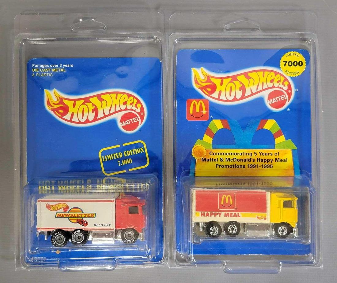 Two Hot Wheels Limited Edition Hiway Haulers: Group of two Hot Wheels Limited Edition Hiway Haulers . Group includes Hot Wheels McDonalds Limited Edition Happy Meal Hiway Hauler 1/7000, and a Hot Wheels Newsletter Hiway Hauler 1/7000. Trucks are