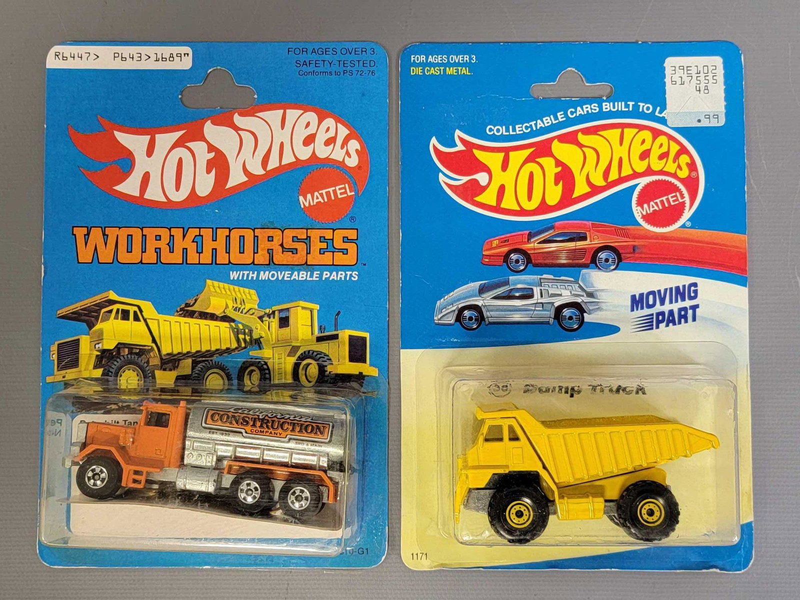 Two Hot Wheels Blackwall Work Trucks: Group of two Hot Wheels Blackwall Work Trucks. Group includes Dump Truck on an experimental card and a Peterbilt Tanker on a Workhorses card, both cars are mint on very good cards that do have light e
