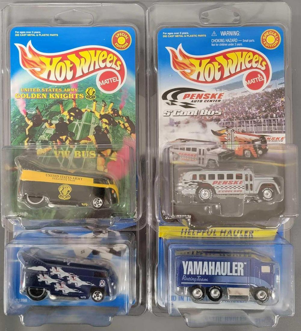 Group of four Hot Wheels VW Drag Bus S'Cool Bus and: Group of four Hot Wheels VW Drag Bus S'Cool Bus and Yamahauler. Group includes 2 VW Busses a US Army Golden Knights and a Thunderbirds, a Penske S'Cool Bus and a Yamahauler. All are mint on ex