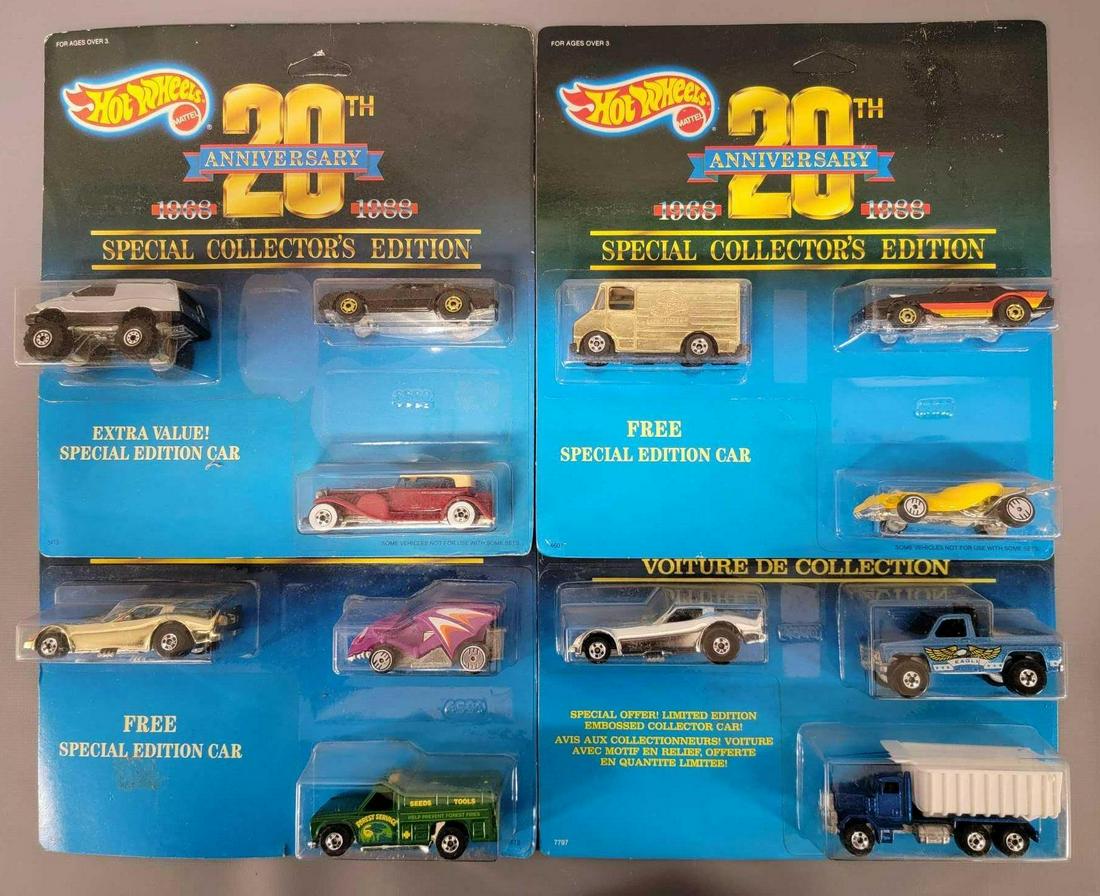 Group of four Hot Wheels 20th Anniversary carded three: Group of four Hot Wheels 20th Anniversary carded three packs. Each card has three cars, the first has a gold chrome Firebird Funny car, a purple Vampyra and a green Forest Service Truck, the second ha