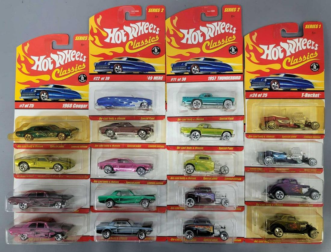 Group of eighteen Hot Wheels Classics Series 1 & 2 on: Group of eighteen Hot Wheels Classics Series 1 & 2 on cards. Group includes eight series 1 cars and ten series 2 cars. All cars are mint with no duplicates, cards are very good to excellent with a