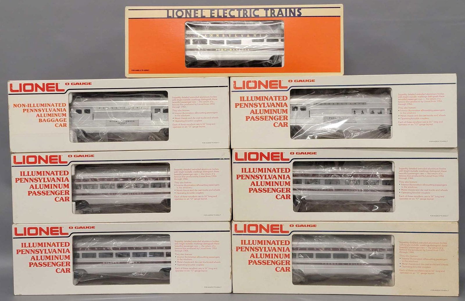 Seven Lionel O gauge mixed passenger cars in original boxes (0162) on